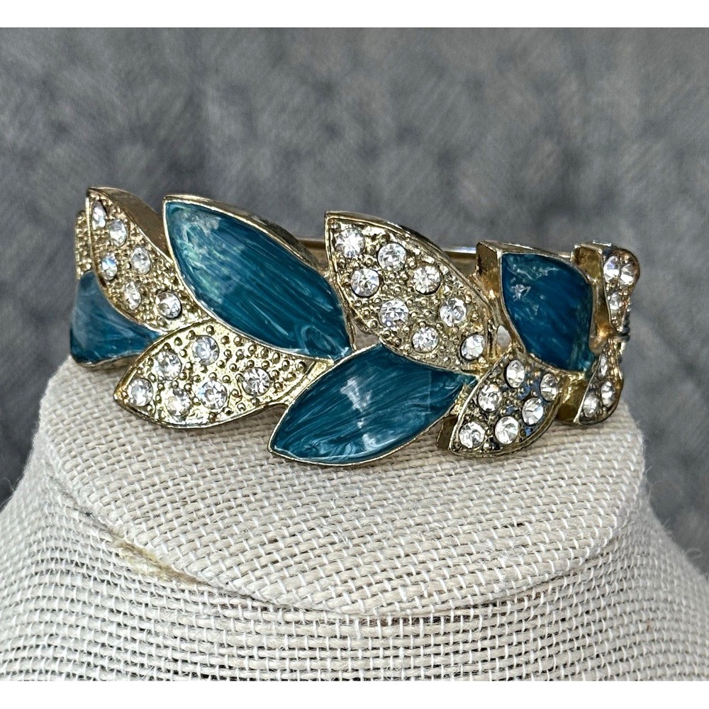 Gold Tone Hinged Cuff Bracelet Teal Blue Enamel Leaf Clear Crystal Pavé